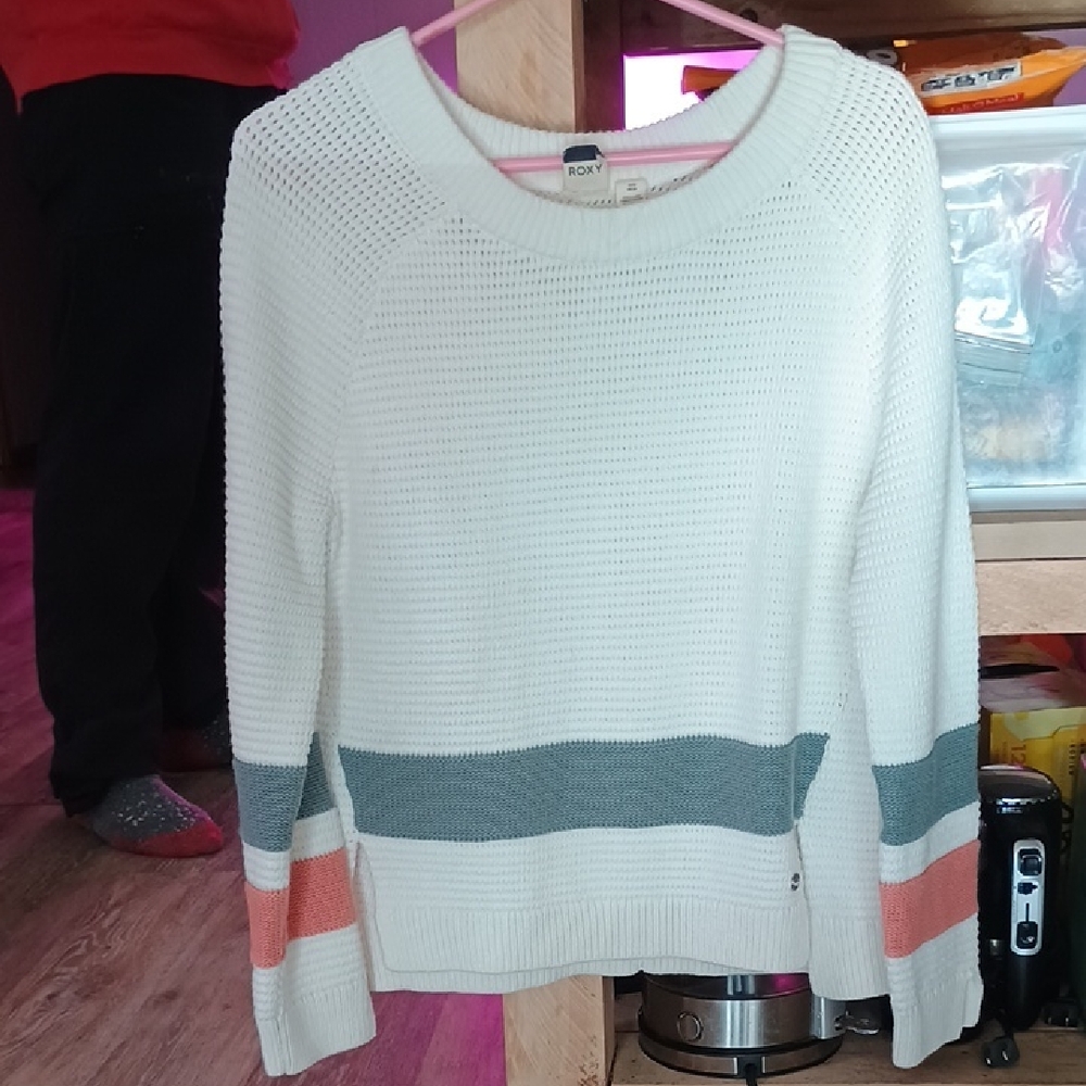 Roxy Women's Cream Sweater with Gray/Blue And Pink Accents